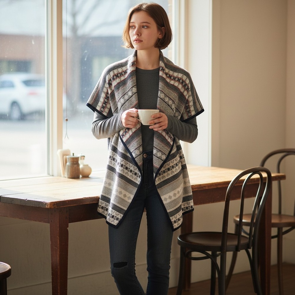Lucky Brand Lucky Lotus Navy Geometric Draped Open Front Cardigan Boho M